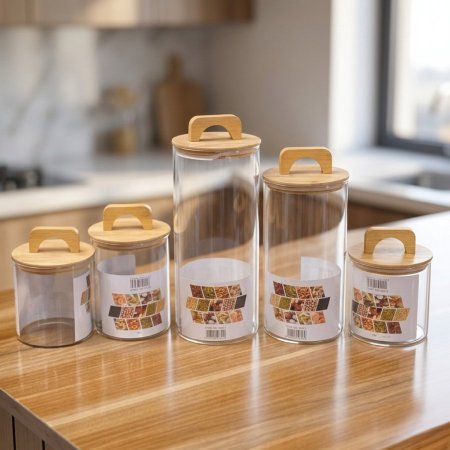 طقم علب تخزين مطبخ زجاجية 5 قطع بغطاء بامبو محكم الإغلاق